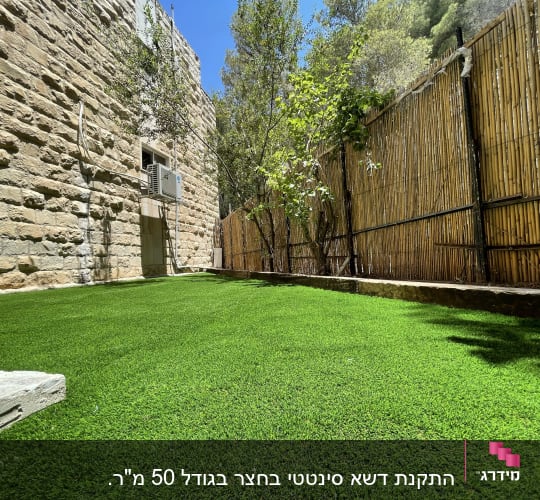 דשא ירוק ועצים קטנים בגינה מגודרת